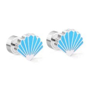 High-Quality Stainless Steel Baby Press Silver Light Blue Shell Clam Earrings